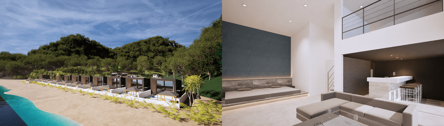 左側は屋外シーティングエリアのあるモダンなビーチフロントリゾート、右側はロフトとバーカウンターのあるミニマルでスタイリッシュな室内リビングスペース。.