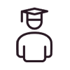ライトグレーの背景に、学生や卒業生を表す卒業制帽をかぶった人物のシンプルな黒いアウトラインアイコン。.