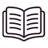開いた本のシンプルな黒い輪郭のアイコンで、両ページのテキストを表す水平線が見えます。.
