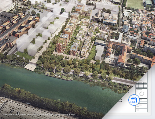 近代的な建物、緑地、水辺の並木道を特徴とする都市リバーフロント開発の航空写真。周囲の都市インフラと、建築計画を示す折れ曲がったコーナー。.