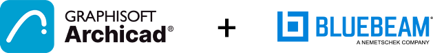 GRAPHISOFT ArchicadとBluebeamのロゴは、プラス記号を挟んで並んで表示されており、両ソフトウェア会社の統合やコラボレーションを表している。.