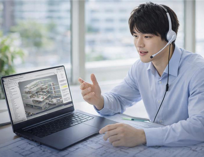 ヘッドセットを装着した男性が、建築設計図が置かれた机に座り、ノートパソコンでビデオ通話をしている。ノートパソコンの画面には、設計ソフトの3D建築モデルが表示されている。.