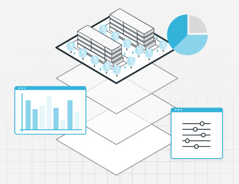 建物群、円グラフ、棒グラフ、設定パネルを重ねた図で、施設のデータ分析と管理を表す。.