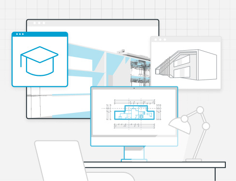 デジタルのイラストは、青い建築図面が表示されたコンピューター・モニターが置かれた机を、建築物のスケッチが描かれたアイコンと窓、そして卒業帽子が囲んでおり、建築やデザイン教育を示唆している。.