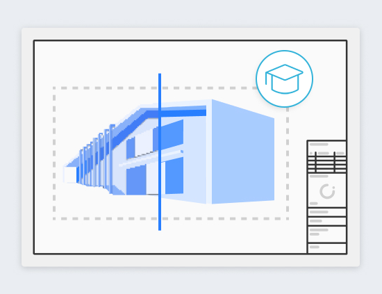 近代的な建物の様式化された設計図。右上には卒業式の帽子のアイコンがあり、教育のテーマを暗示している。右下には技術的な詳細が表示されています。.