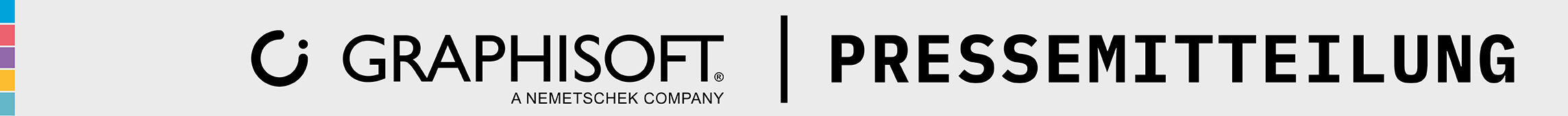 Graphisoft Logo und Text Pressemitteilung auf hellem Hintergrund, mit vertikalen farbigen Balken auf der linken Seite.