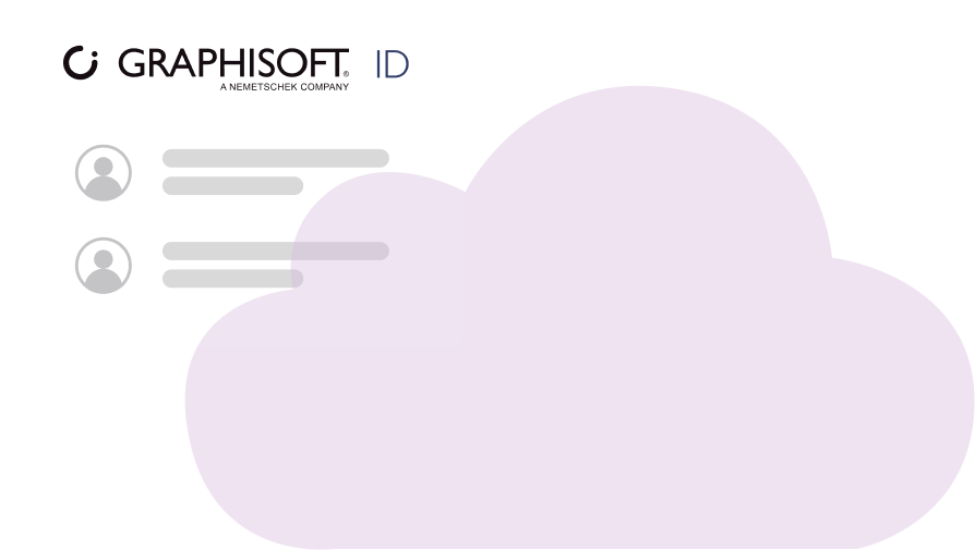 Auf der linken Seite wird eine Login-Schnittstelle für GRAPHISOFT ID angezeigt, die eine große hellviolette Wolkenform auf weißem Hintergrund überlagert. Das Anmeldeformular zeigt zwei Benutzerprofilsymbole mit Textzeilen an.