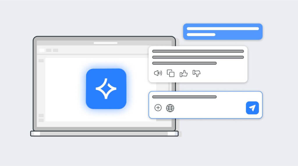 Illustration eines Laptops mit einem blauen Sternsymbol auf dem Bildschirm und schwebenden Chatblasen mit Symbolen für Lautstärke, Gefallen/Abneigung, Übersetzung und einem Papierflugzeugsymbol.