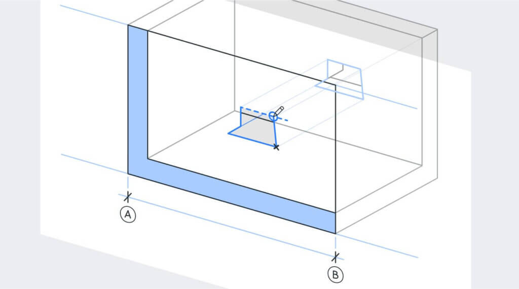 Ein technisches Diagramm eines durchsichtigen rechteckigen Kastens mit einer hervorgehobenen blauen Vorderkante, beschrifteten Punkten A und B auf dem Boden und einer geometrischen Konstruktion, die die Maße im Inneren angibt.