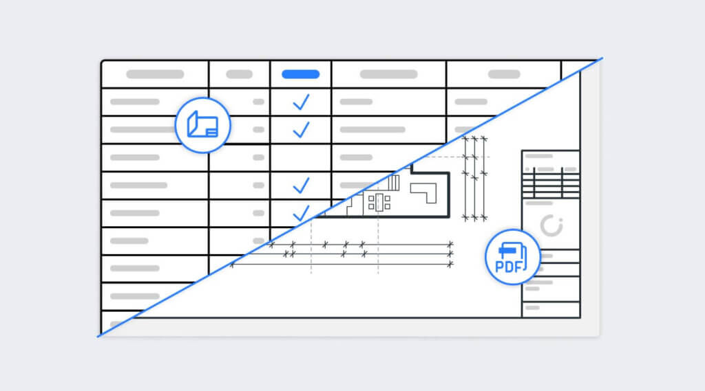 Eine Grafik zeigt ein diagonal geteiltes Dokument: Auf der linken Seite befindet sich eine Checklistentabelle mit blauen Häkchen, während auf der rechten Seite eine technische Zeichnung und ein PDF-Download-Symbol zu sehen sind.