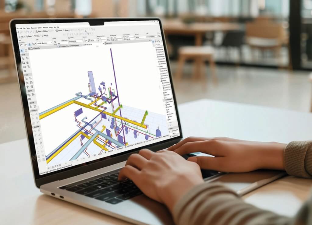 Eine Person arbeitet mit einem Laptop, auf dem eine 3D-Architektur- oder Ingenieurmodellierungssoftware angezeigt wird, mit bunten strukturellen und mechanischen Plänen auf dem Bildschirm. Der Arbeitsbereich im Hintergrund wirkt modern und gut beleuchtet.
