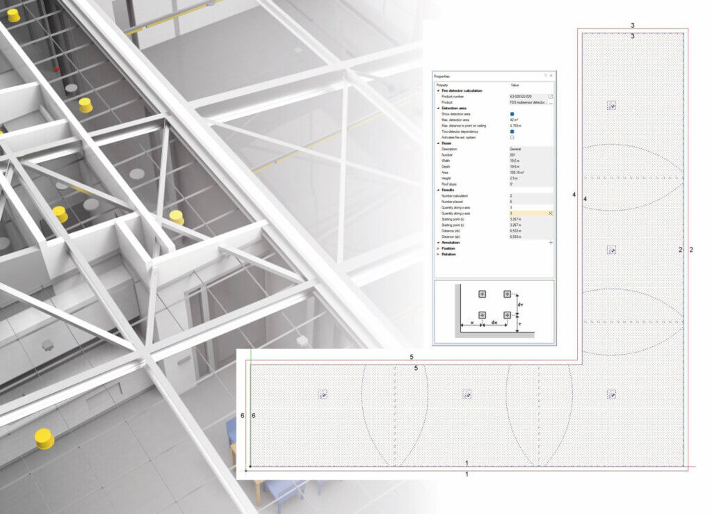 Ein geteiltes Bild mit einem 3D-Modell einer Gebäudedecke mit sichtbaren Balken, Rohren und Beleuchtung auf der linken Seite und einer technischen Zeichnung mit einem offenen Eigenschaftsfenster auf der rechten Seite.