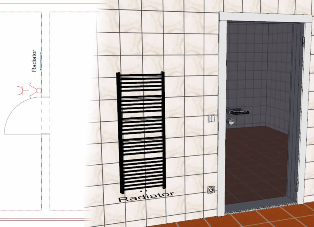 Ein Badezimmer mit gefliesten Wänden und Böden, einem schwarzen Wandheizkörper, einer Tür, die zu einem anderen gefliesten Raum führt, und einem Grundrissdiagramm, das die Position der Heizkörper in der Nähe der Tür zeigt.