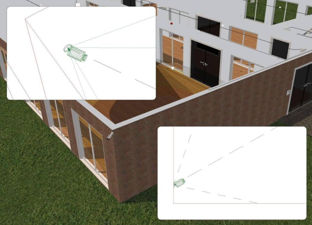 3D-Rendering einer Gebäudeecke mit zwei Einschüben, die die Platzierung von Sicherheitskameras und deren Erfassungswinkel an der Außenwand in der Nähe von Glastüren und Fenstern zeigen.