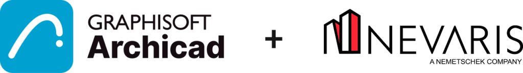 Logos von Graphisoft Archicad und Nevaris nebeneinander mit einem Pluszeichen dazwischen, das eine Zusammenarbeit oder Partnerschaft anzeigt.