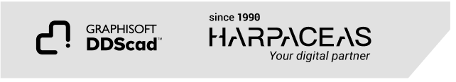 Logo con il simbolo Graphisoft DDS Cad e testo sulla sinistra e, dal 1990, HARRPCEAS, il tuo partner digitale sulla destra, il tutto in nero su sfondo grigio chiaro.